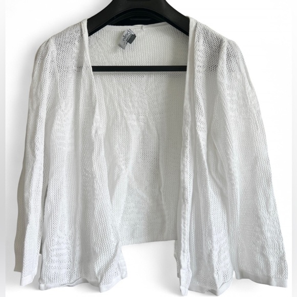 Belle White Knit Open Leaf Fern Pattern Cardigan Granny Sweater Cottagecore XL - Picture 1 of 10